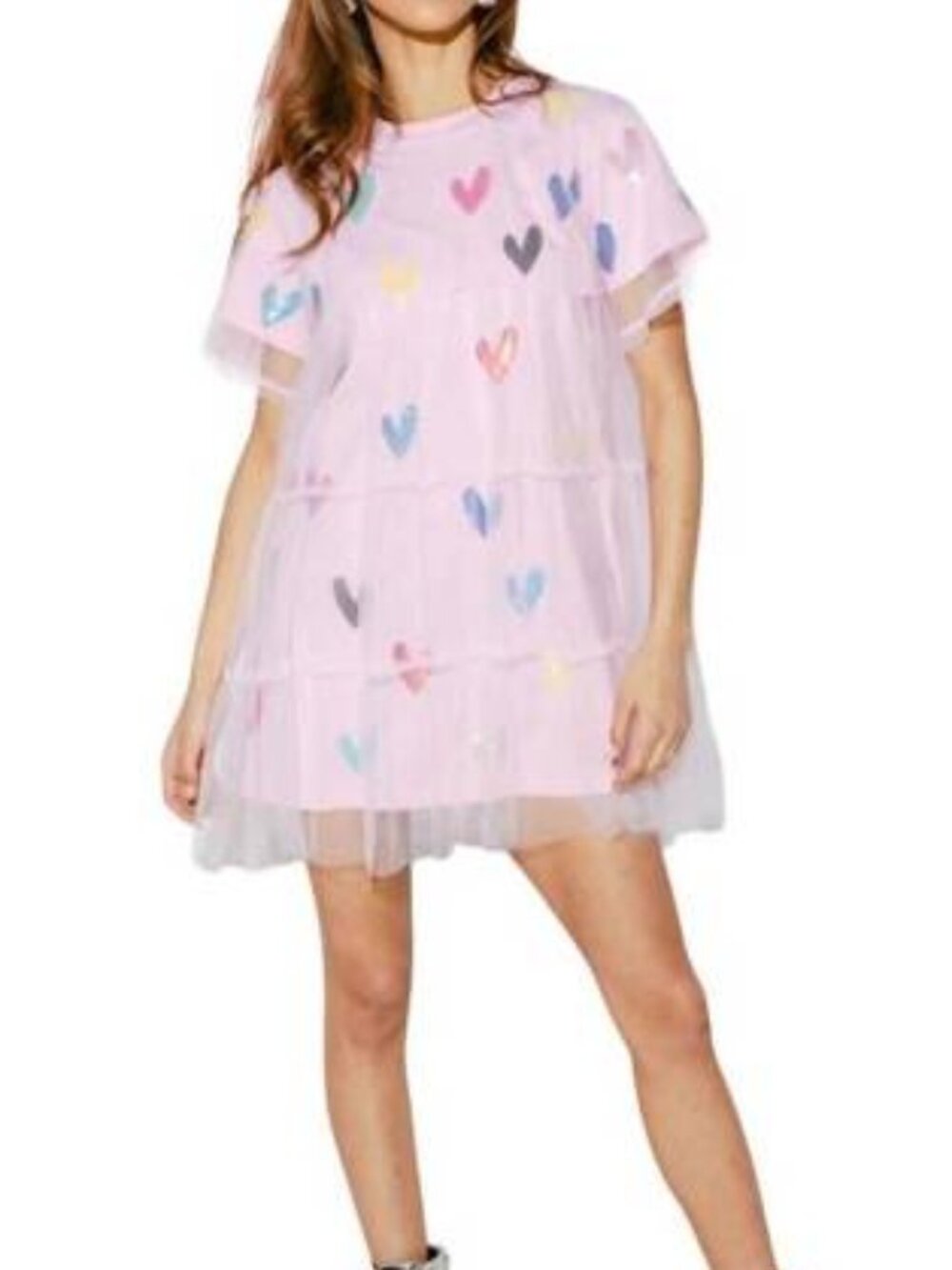 Queen of Sparkles Multi Heart Mesh Overlay Dress | Pink /Multi | Size L